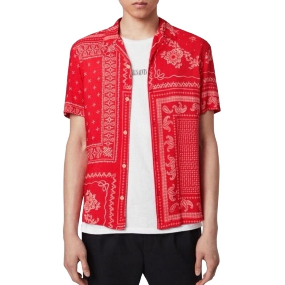 AllSaints Men's Tikal Relaxed Fit in Red Bandanna Button Down, Size Large